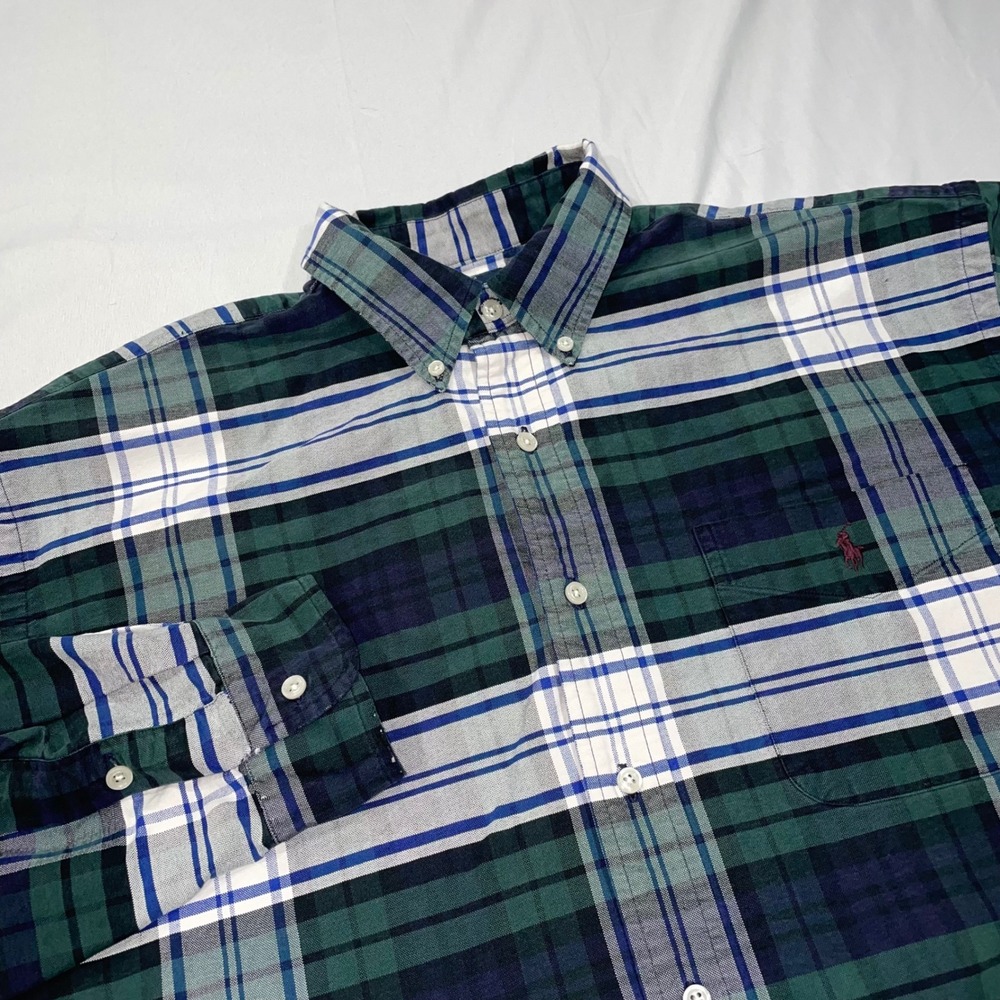 Ralph Lauren Big Shirt Mens Large Green Blue Plaid Cotton Button Down L/S
